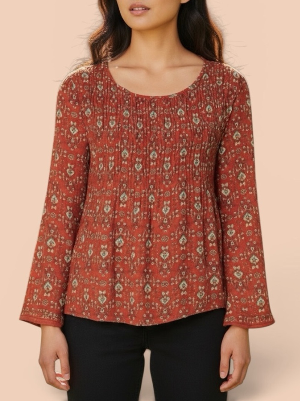 Max Studio Bell Sleeve Micropleated Floral Peasant Blouse Women’s Size Large